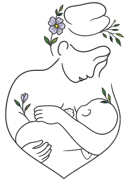 Illustration einer im Haar mit Blumen geschmückten Frau, die ein Kind stillt.